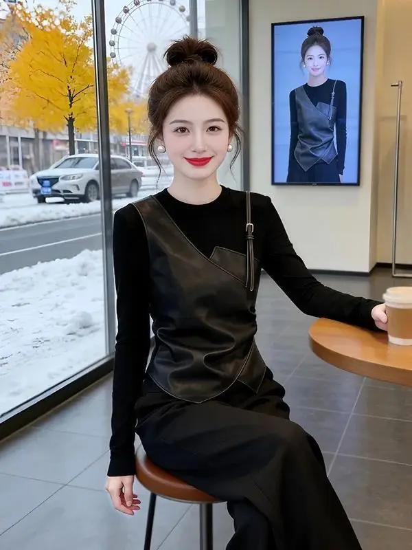 Slim Fit PU Leather Paneling Long Sleeve T-Shirt Women's Spring Autumn New Style Fashionable Top Casual Style Skin-friendly B...