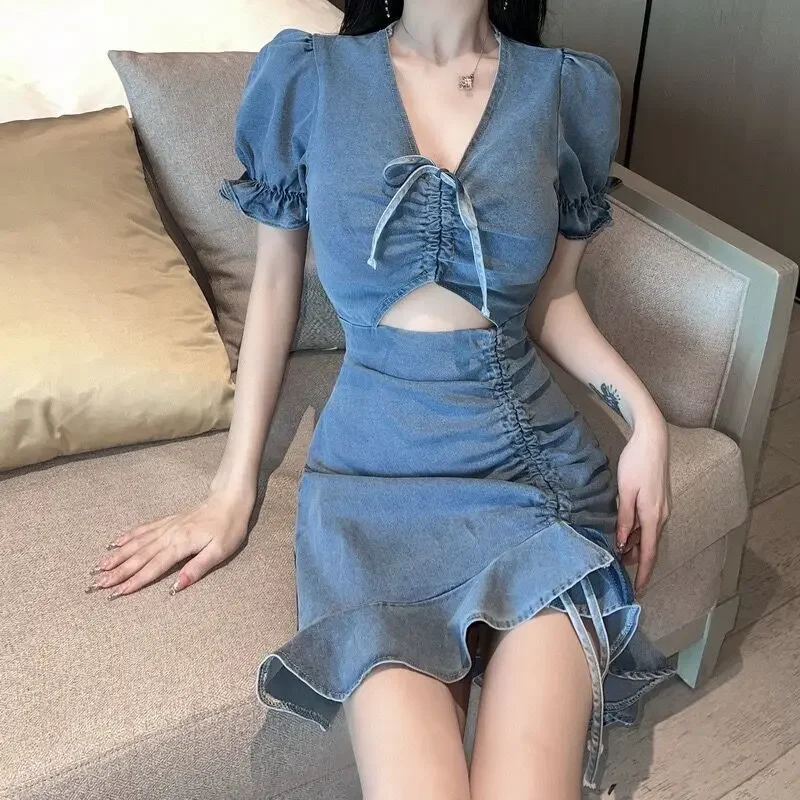 Bodycon Corset Tight Female Dress Short Sleeve Mini Ruffle Women's Dresses Designer Clothing Y2k Elastic Elegant Luxury Trendy