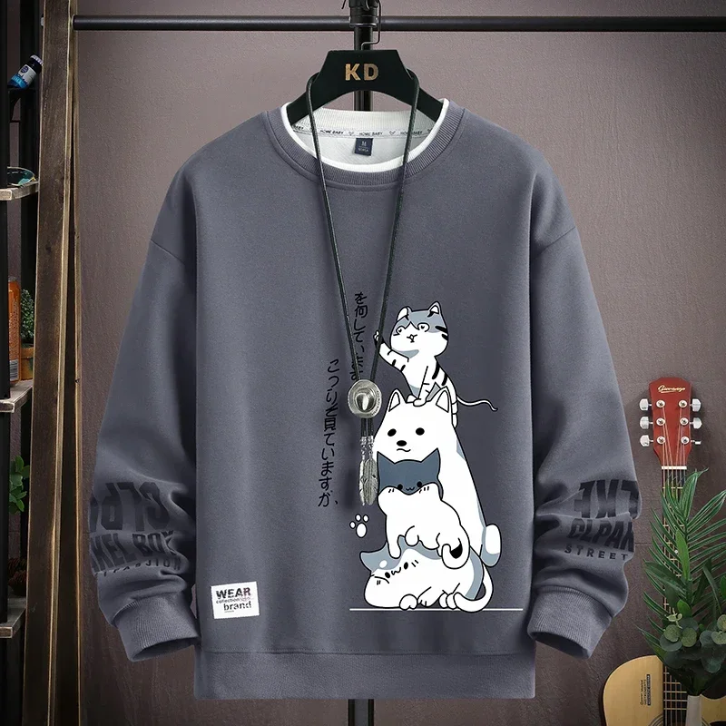 Autumn Men's Sweatshirt Japan Cartoon Cat Printed Top Harajuku High Street Long Sleeve T-shirt Casual Fashionable Men's Clothing