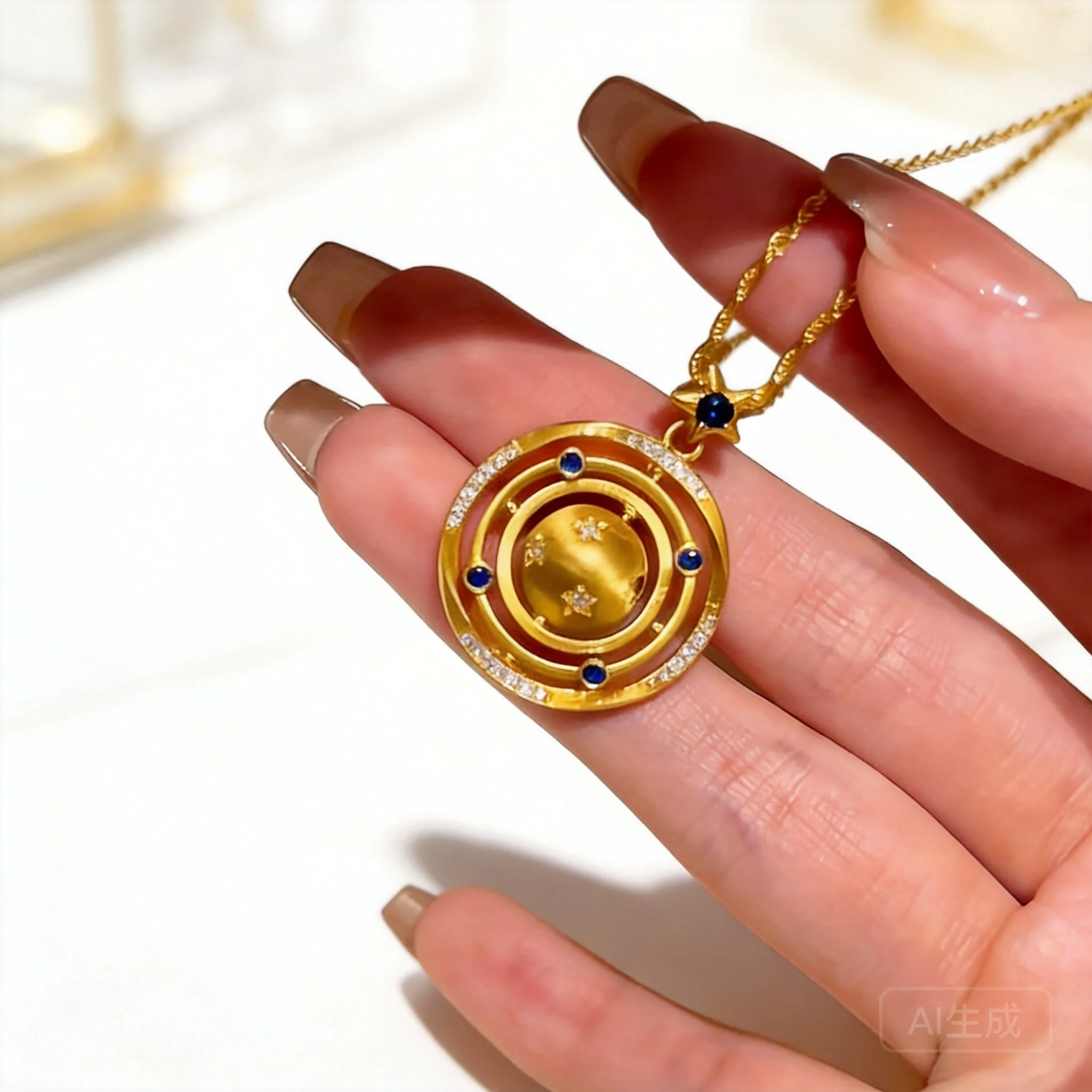 Rotatable Vintage Brushed Planet Pendant Necklace 24K Gold Plated Tarnish Resistant Jewelry For Daily Wear Sweater Decor Piece