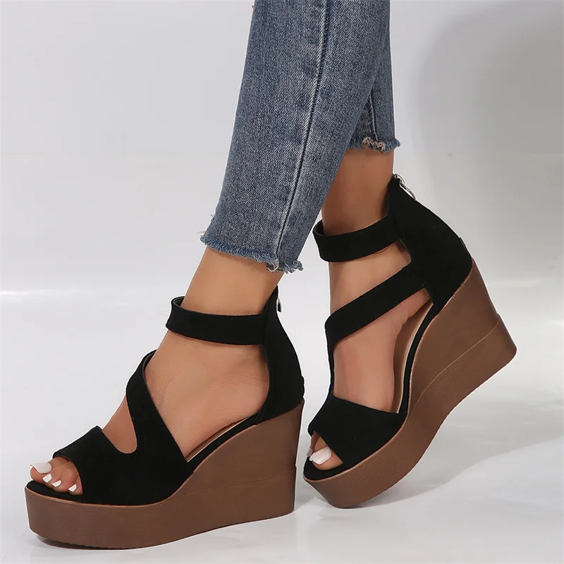 Summer Ankle Strap Women Sandals Platform Wedges High Heel Flock Peep Toe Fashion Female Ladies Shoes Zapatos De Mujer