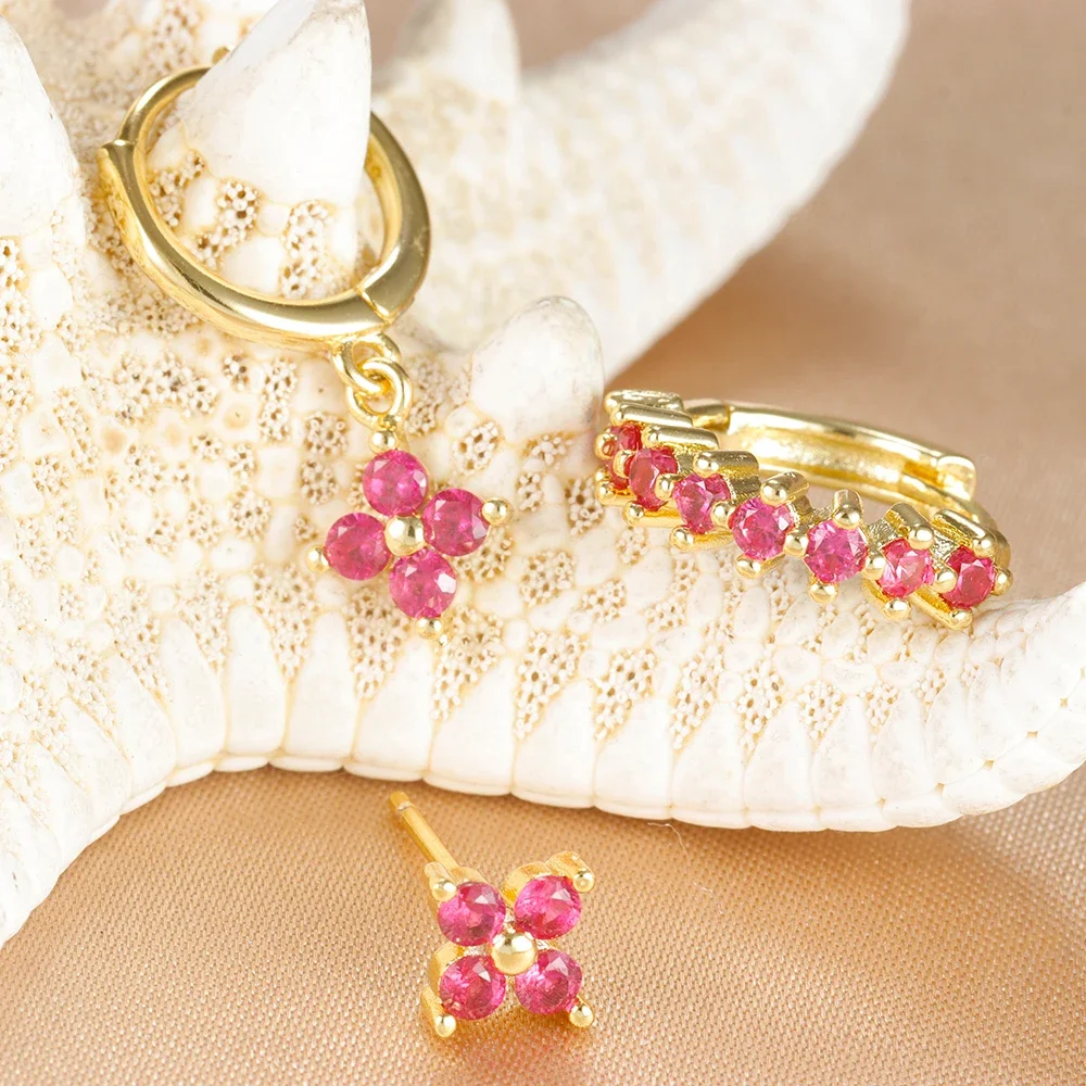 3pcs Piercing Huggies Earrings Sets for Women Stainless Steel Flower Chain Colorful Zircon Huggies Earring Aesthetic Jewelry