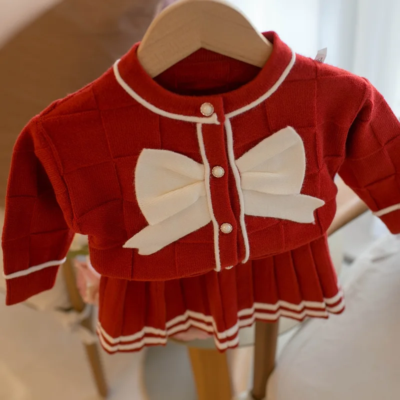 2023 Autumn Winter Girls\' Set Children\'s New Large Bow Sweater Single breasted Cardigan Coat+pleated Skirt Baby Kids Suit