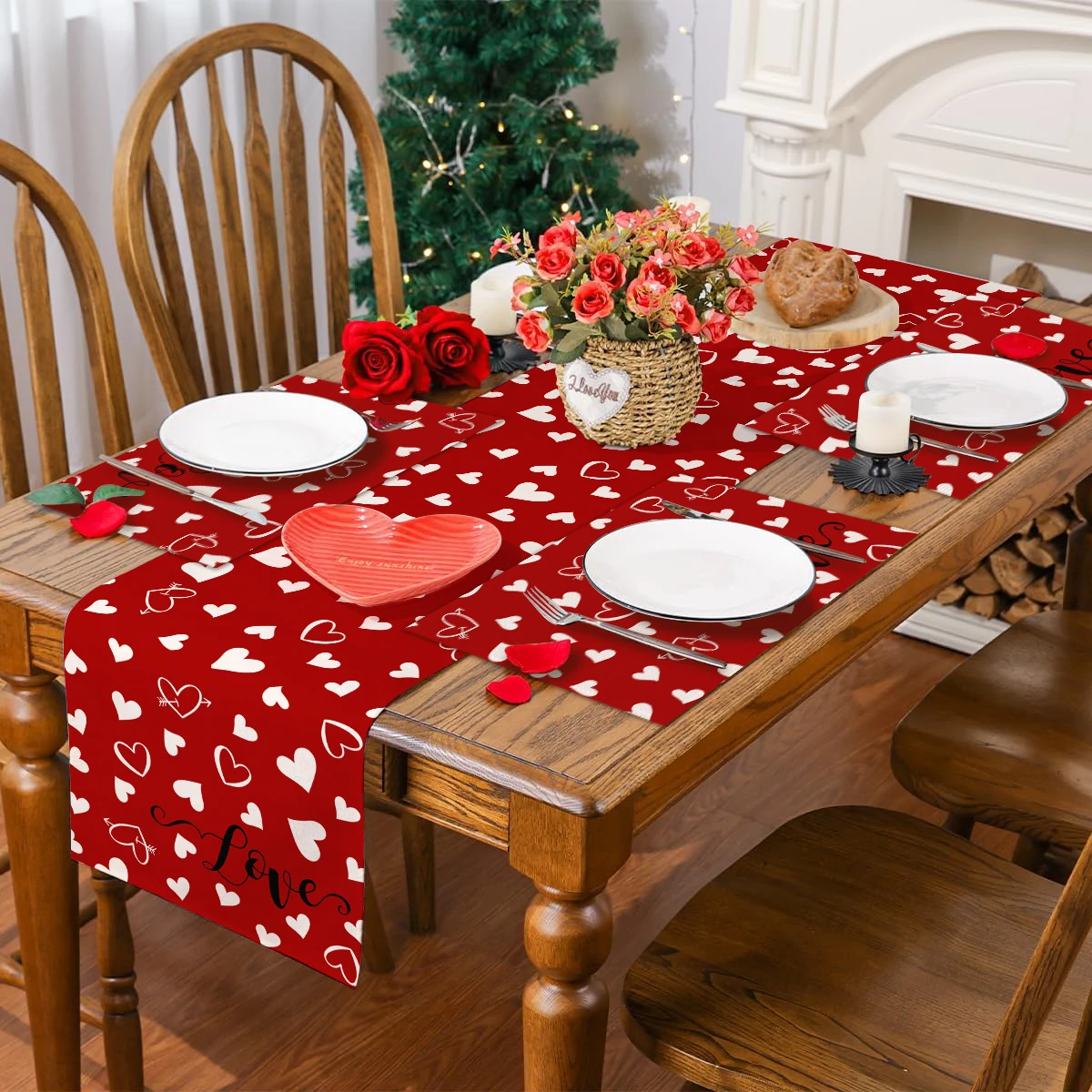 1/4/5/7pcs Valentine's Day placemat table flag set, heart-shaped heart printed placemat, Valentine's Day party table decoration
