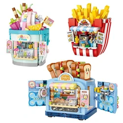 Mini Straße Blick Unterhaltung Park Eis Kuchen Shop Gourmet Burger Restaurant Modell Ziegel DIY kinder Pädagogisches Spielzeug Geschenk