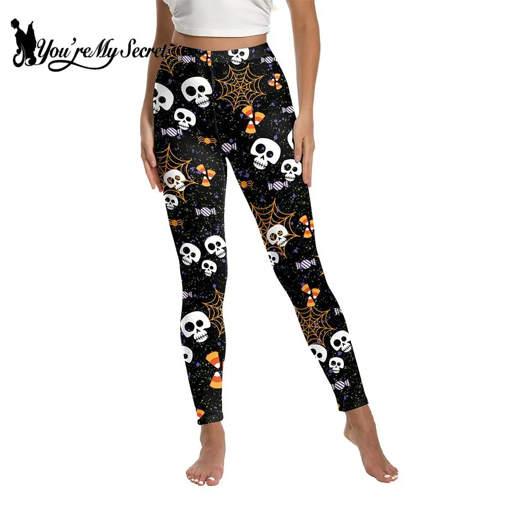 [คุณความลับของฉัน] ฮาโลวีนเลกกิ้งสตรีสไตล์โกธิคฟักทองพิมพ์กางเกงข้อเท้าออกกําลังกายยืดโครงกระดูกเลกกิ้ง