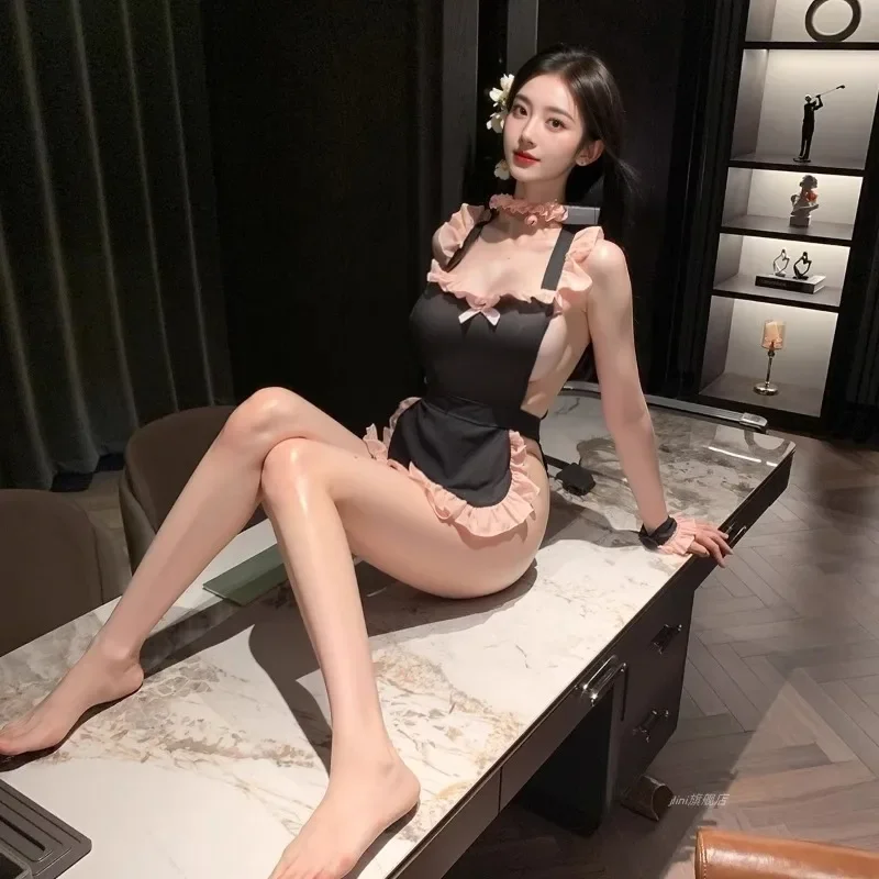 

Anime Maid Cosplay Pink Black Apron Sexy Lace Lingerie Lovely Fashion Role Couple Gift Porno Bar Uniform Underwear Set Langerie