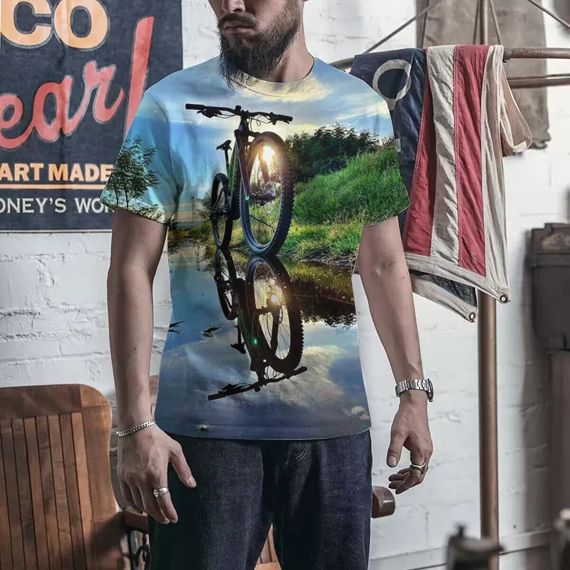 Summer New Fashion Cool Motocross Pattern T-Shirt Men's Trendy Taste Harajuku 3D Bicycle Printed Plus Size Short Sleeve Tees