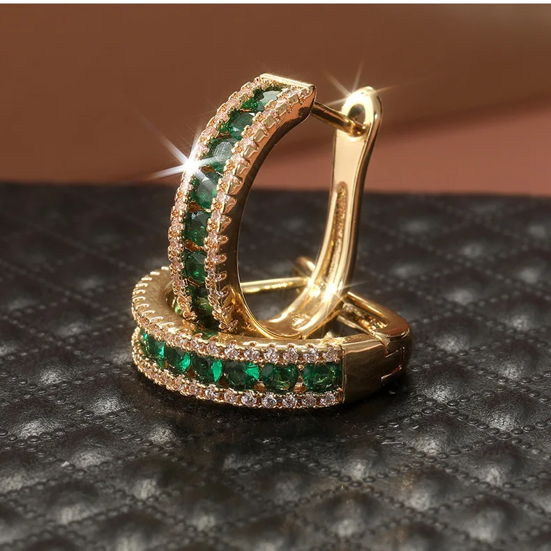 Versatile Green Zircon Geometric Hoop Earrings For Women Gold Color Female Luxury Ear Buckle Wedding Jewelry Birthday Gifts