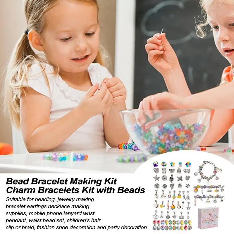 Set zur Herstellung von Armbändern, handgefertigtes Perlenherstellungsset, Perlenarmband-Set, trendiges Charm-Armband-Halsketten-Set für Kinder, Perlen-Bastelset für