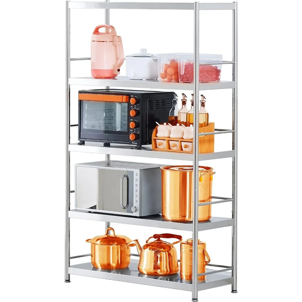 

5-tier stainless steel shelf, heavy duty shelving for kitchen, garage, industrial storage, kitchen shelves with guardrails