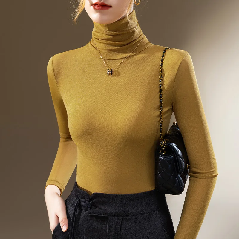 2026 Turtleneck Mesh Bottoming Shirt Women's Temperament Long-sleeved Foreign-style Shirt Elastic Inner Top