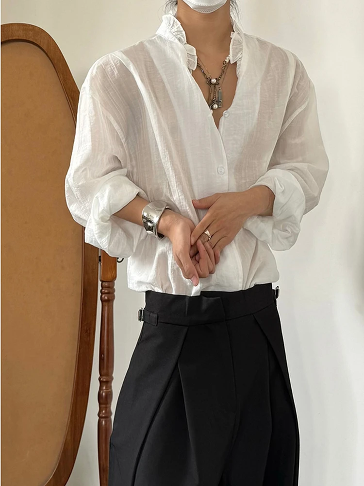 

Retro Self-Controlled irt with Pleated Lace V-Ne Long Sve New Chinese Sle Casual Loose Fit Polyester Fiber Boy's irt