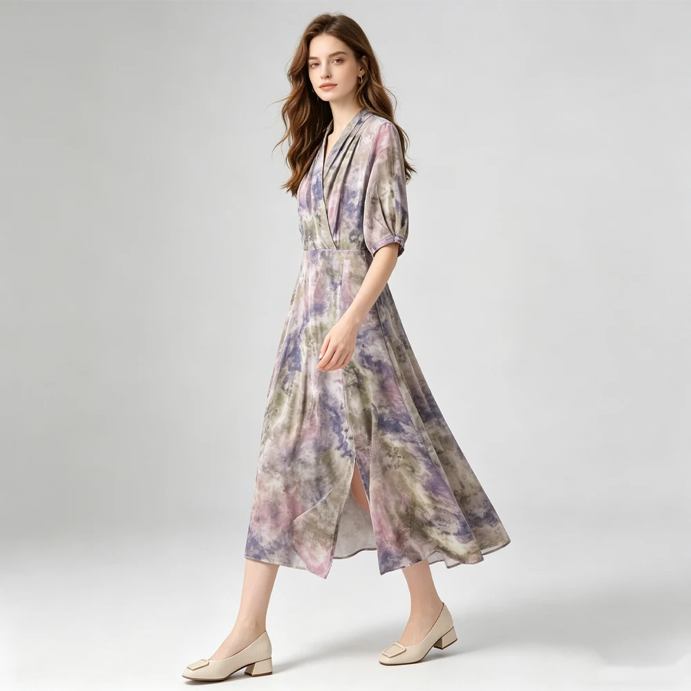 French Gradient Style 1.2-meter Extended Vacation Style 100% Natural Mulberry Silk Crepe De Chine V-neck Half Sleeve Split Dress