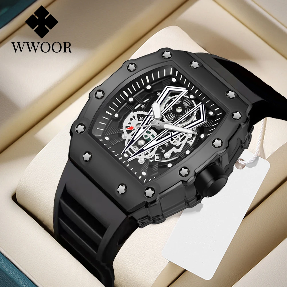 

WWOOR Men's Watches Luxury Fashion Large Dial Quartz Clock 30M Waterproof Sport Square Luminous Watch For Men Silicone Strap Man