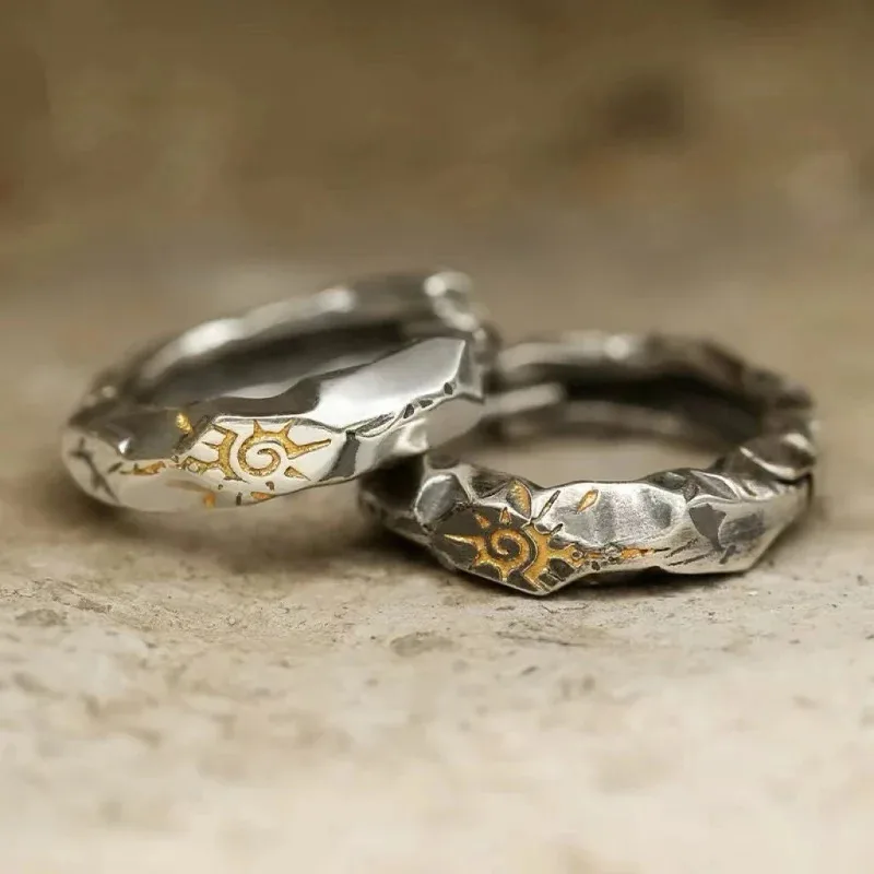 

Geometric Punk Men's Ring, Sun Pattern Hip Hop Adjustable Ring, Retro Gold and Silver Color