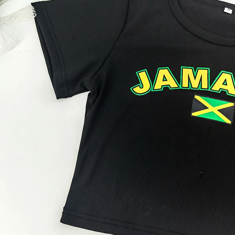 Summer New Black Y2K Hip Hop O Neck T-Shirt Women Sexy Crop Tops Soccer Jamaica Letter Print Short Sleeve Casual T Shirt Tops