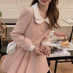 Ins Hot Warm Winter Pink Sweet Elegant Dress Women Lace Party Mini Dress Female Long Sleeve France Vintage Cute Dress Coat