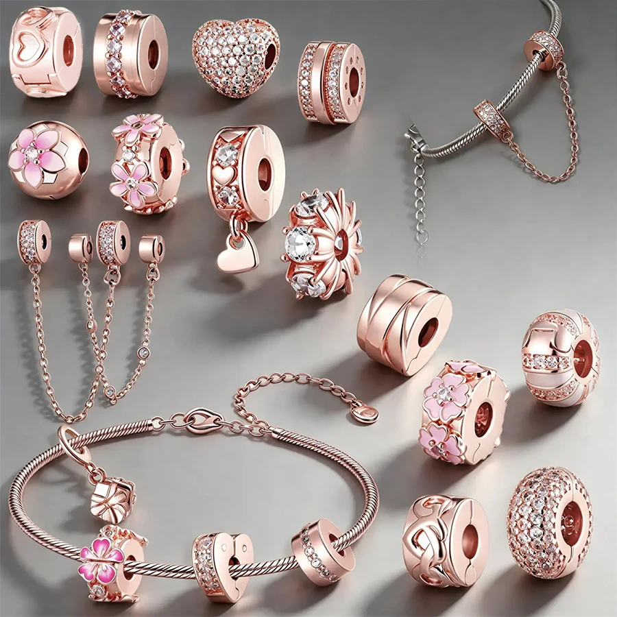 Nouveau 2026 – Breloque pendentif en forme de cœur fleuri rose scintillant en or rose avec cristal, compatible avec les bracelets européens originaux, bijou cadeau pour femme