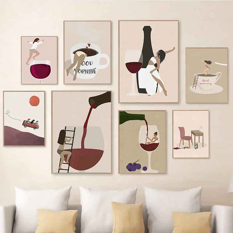 1PC frameless decorative art print,Red Wine Coffee Sandwich Girl Funny Abstract Wall Art Poster Canvas Print Minimalist Kitchen