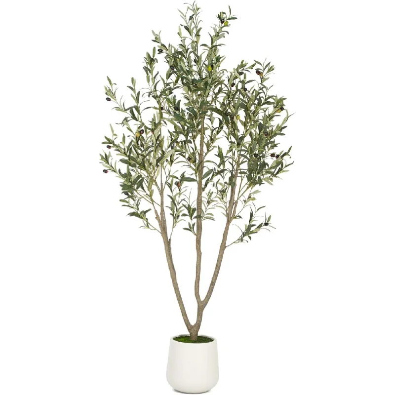 

Olive Trees Artificial Indoor, 6FT Tall Faux Tree with White Tall Planter, Plants Natural Wood Trunk