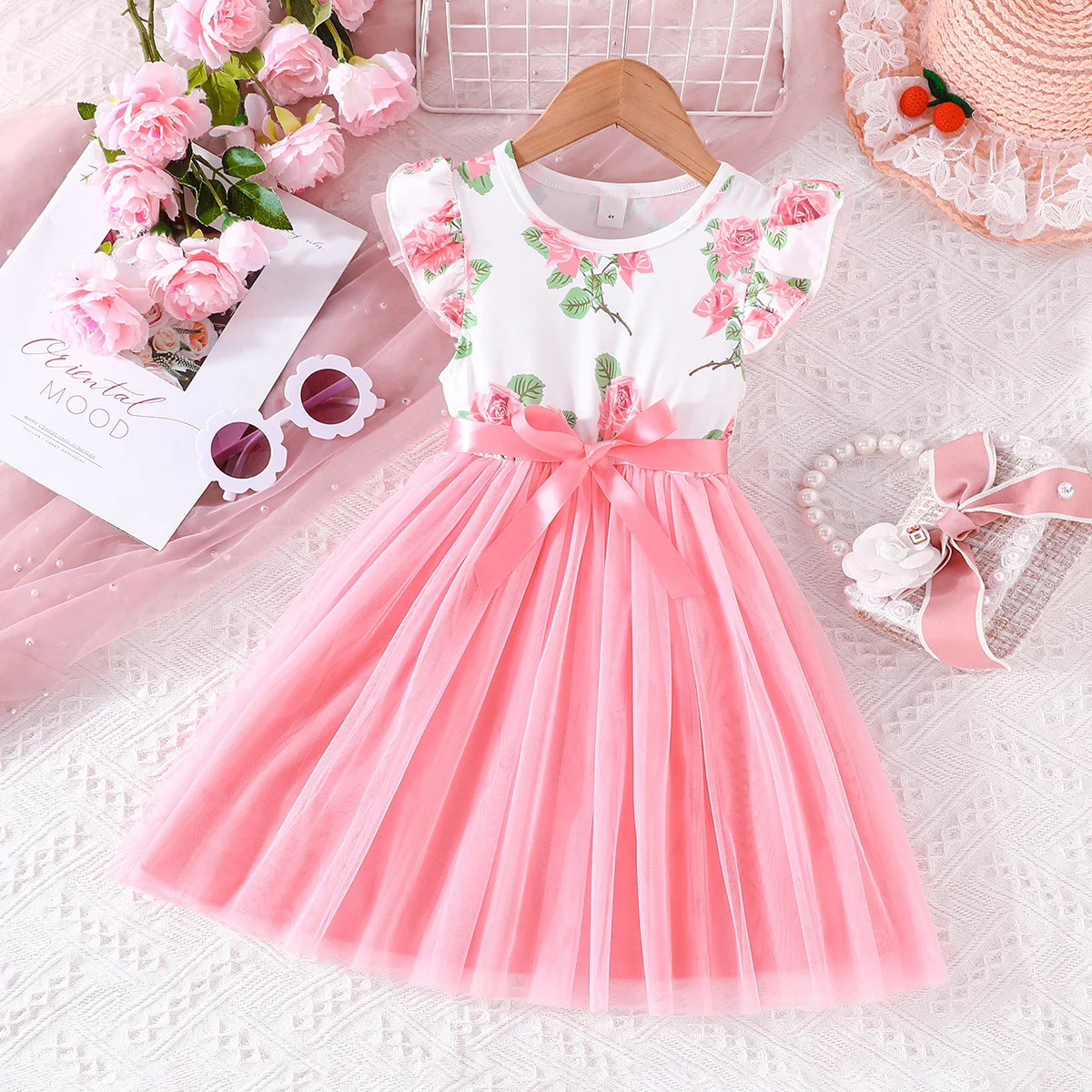 

2024 Summer New Arrival Girls Sleeveless O Neck Ruffles Floral Pink Designer Cute Party Princess Dress Custume 4-7T