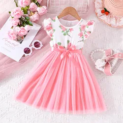 2024 Summer New Arrival Girls Sleeveless O Neck Ruffles Floral Pink Designer Cute Party Princess Dress Custume 4-7T