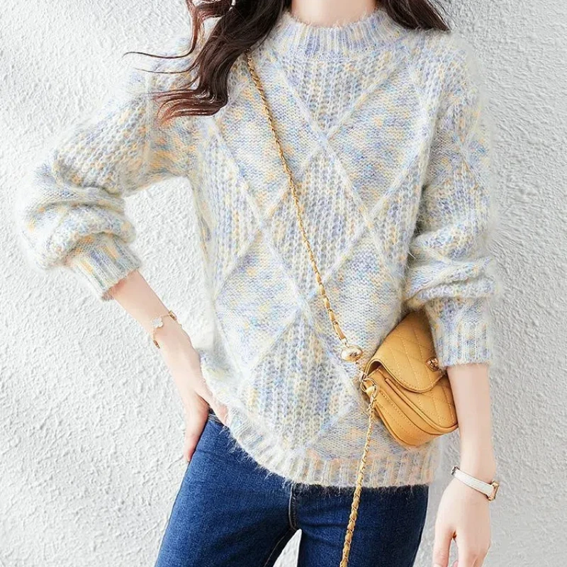 Flattering Women's Clothing Round Neck Autumn Winter Contrast Color Lantern Long Sleeve Pullover Sweater Knitted All-match Tops