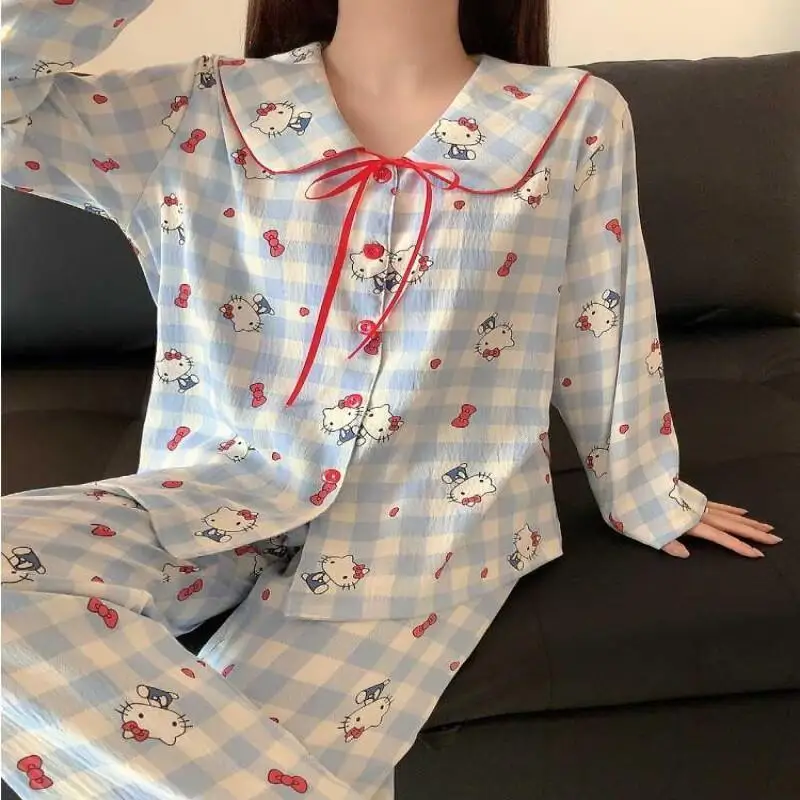 

Sanrio новые пижамы с героями мультфильмов, пижамы Kitty, милый стиль, женские весенне-осенние новые брюки с длинными рукавами, свободная домашняя одежда для отдыха