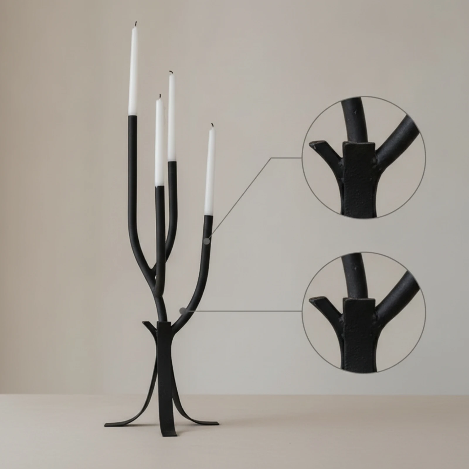 Candelabra with Four Arms Metal Candelabra with Iron Base Taper Candle Holder with Iron Base Sculptural Table Centerpiece Black