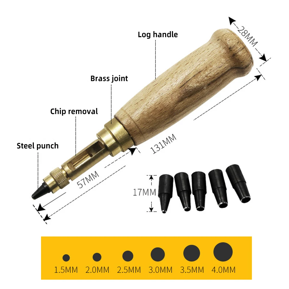 Hole Punch Screw Removable Book Drill Auto With 6 Size Tip 1.5-4mm Automatic Belts Screw Punch Leather Tools