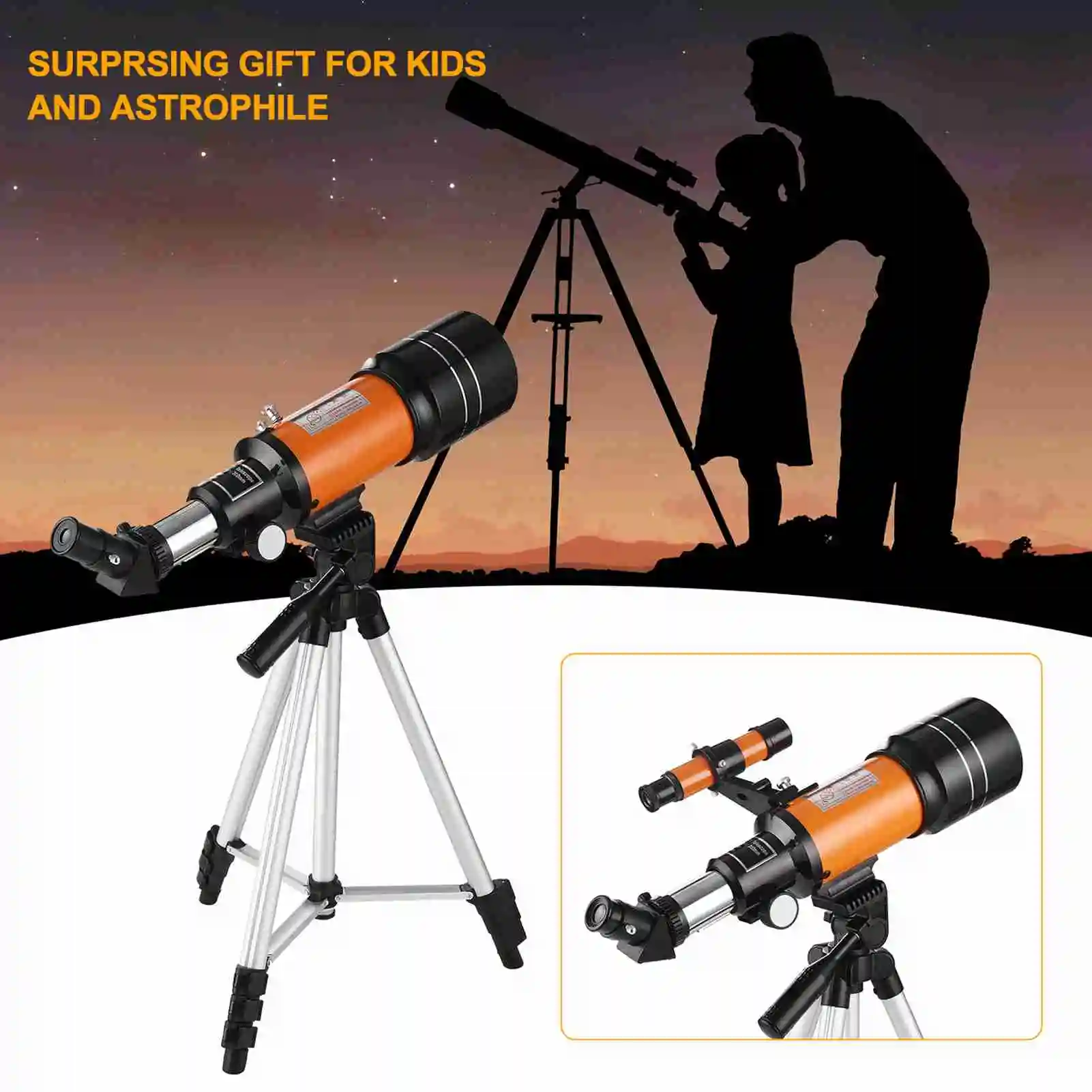 

70mm Astronomical Telescope 150X High Power Monocular Telescope Refractor Spotting Scope with 5×24 Finder Scope Tripod Moon