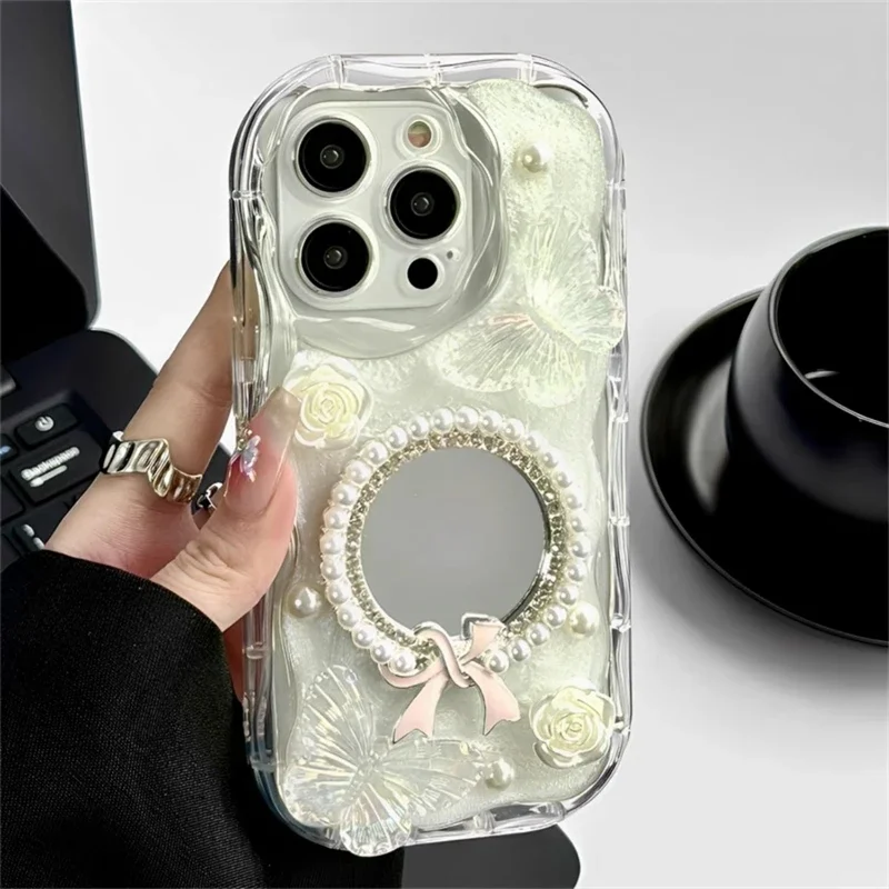 

INS 3D Bling Glitter Butterfly Love Heart Makeup Mirror Phone Case For iPhone 13 14 15 Pro Max 12 11 Pro X XR XS Silicone Cover