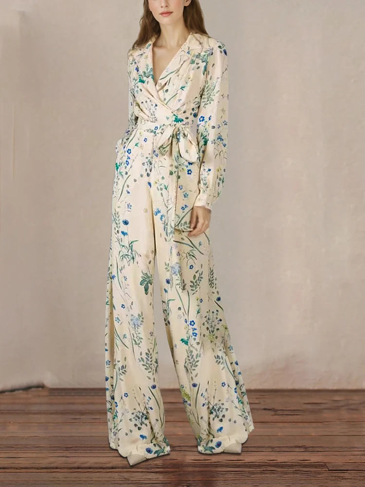 

Комбинезон с цветочным принтом, поясом-накидкой, завышенной талией и широкими штанинами, длинные брюки, комфортный, из полиэфирного волокна