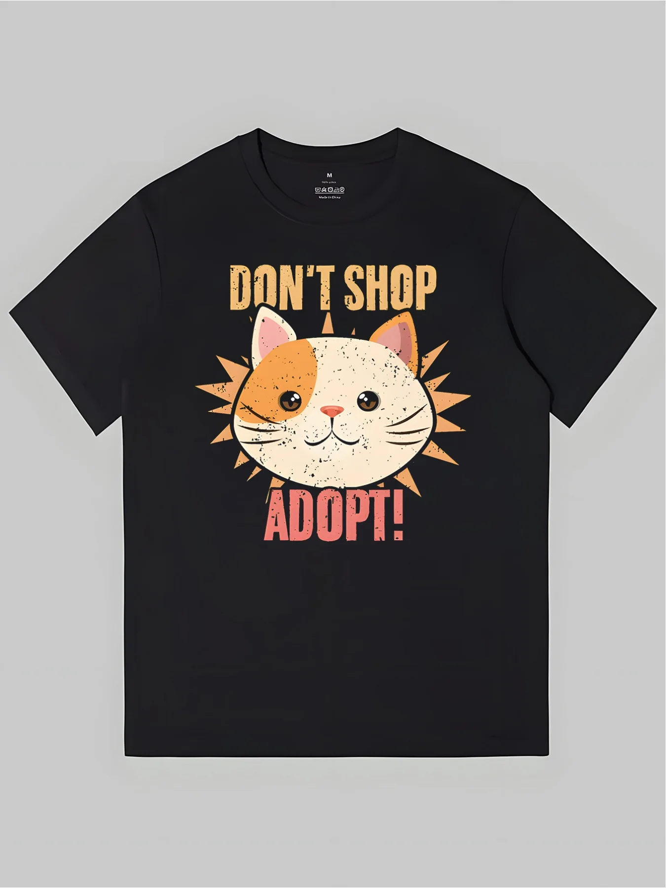 1 Piece, Cute Cat Face Don'T Go Shopping Adopt Animal Foster Care Print, Summer Comfort And Casual Cotton T-Shirt