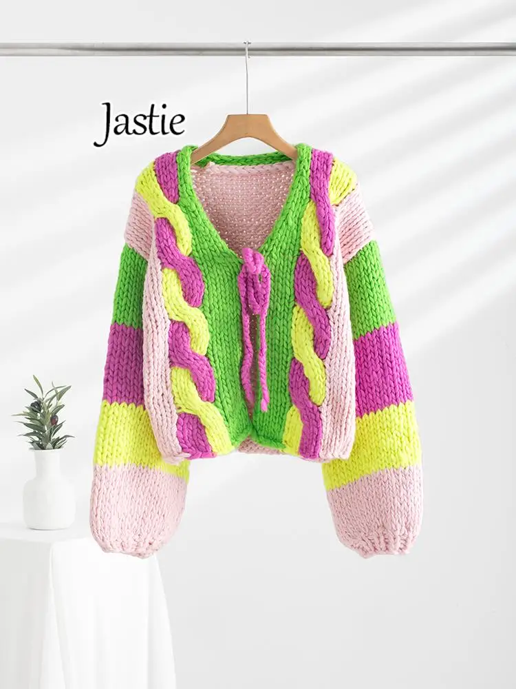 Jastie 2023 Autumn Winter Sweater For Women Colorful Long-sleeved V-neck Tie Loose Gentle Knitted Cardigan Coat Thick Jumper