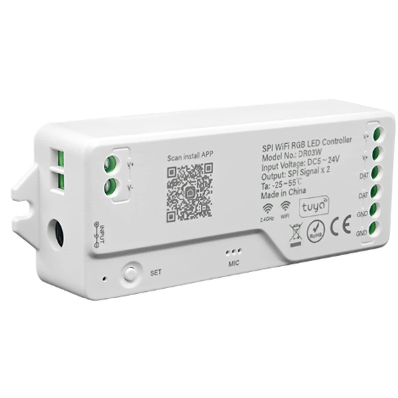 Tuya Wifi SPI RGB LED Controller For Alexa Google Assistance 720 Pixels For WS281 FCOB Addressable LED Strip Light