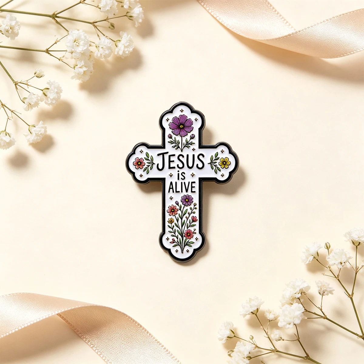 9 Stück Blumenkreuz-Emaille-Anstecknadeln „Jesus ist lebendig“ Zitate Reversnadel Religiöses Glaubensabzeichen für Kleidung Rucksack Dekoration Geschenk – Detail 3
