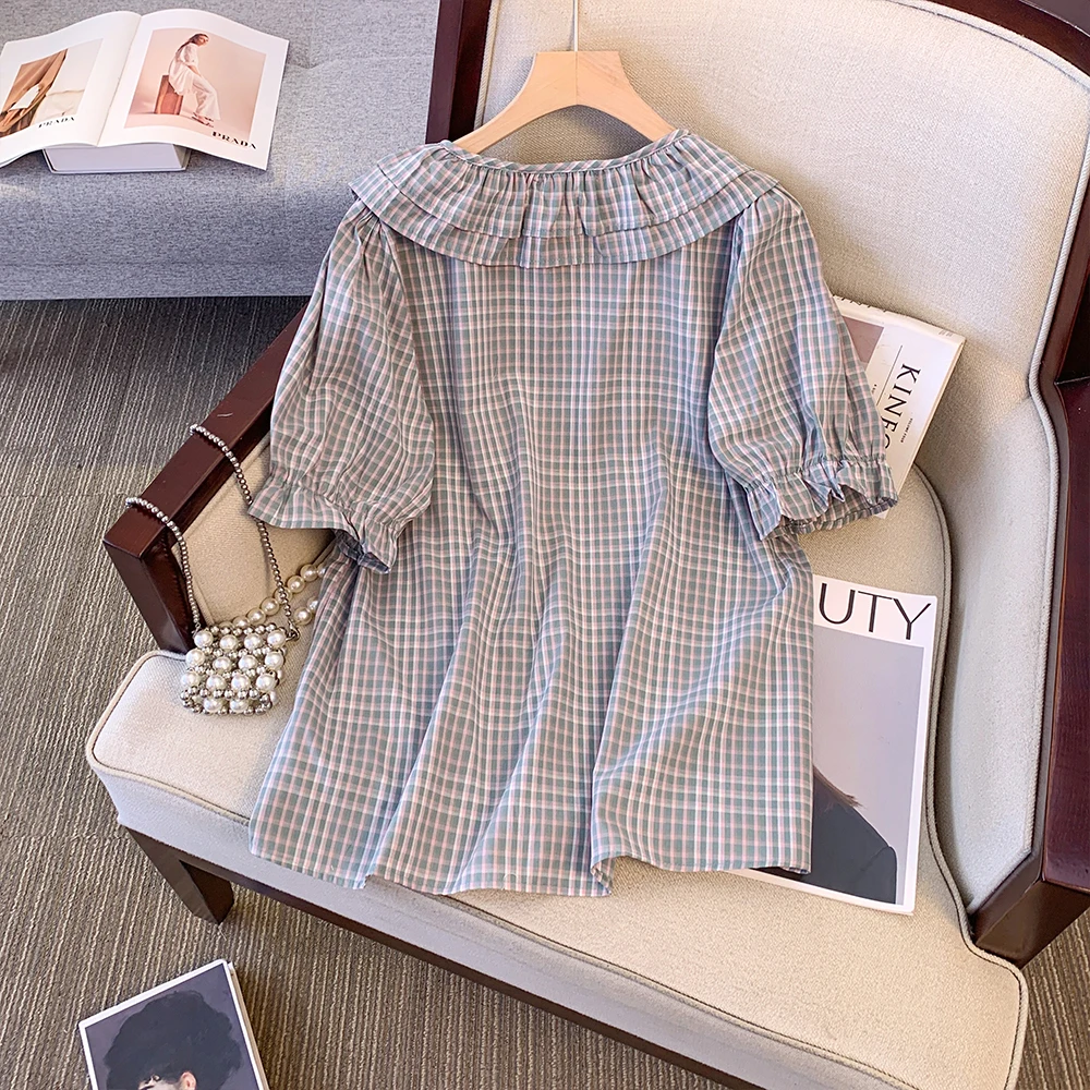 Plus-size women's shirt Gray Pink plaid striped commuter top puffy sleeve doll collar loose casual button Summer short sleeve