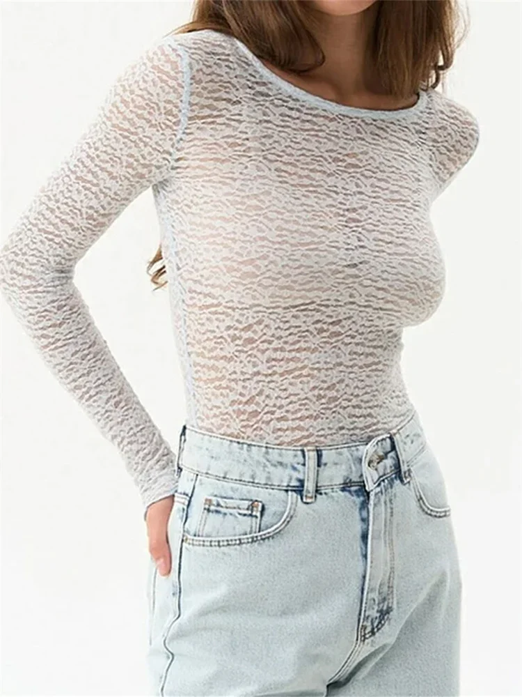 

Womens Sheer Lace Tops Slim Solid Color See Through Round Neck Long Sleeve T-Shirts Casual Streetwear