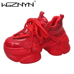 8CM Women Bling Red Chunky Sneakers Winter High Platform Warm Fur Shoes Ladies Wedges Casual Dad Shoes Leather Sports Sneakers