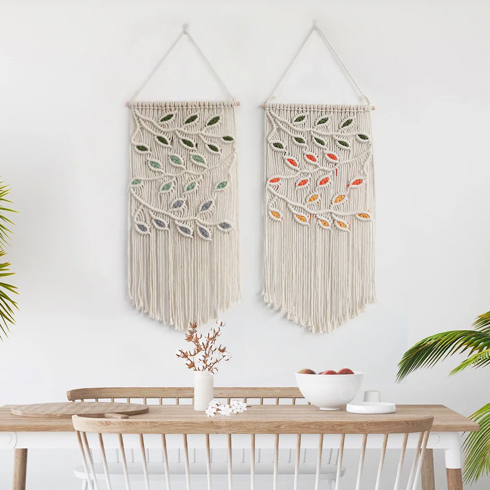 Bohemian hand-woven tapestry. Leaf flower cotton rope fringe wall hanging wall decoration, home gifts 40x80cm