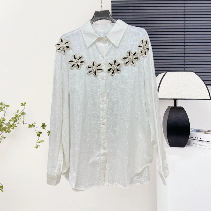 

Spring new European station light luxury flower hot stamping fashionable casual shirt