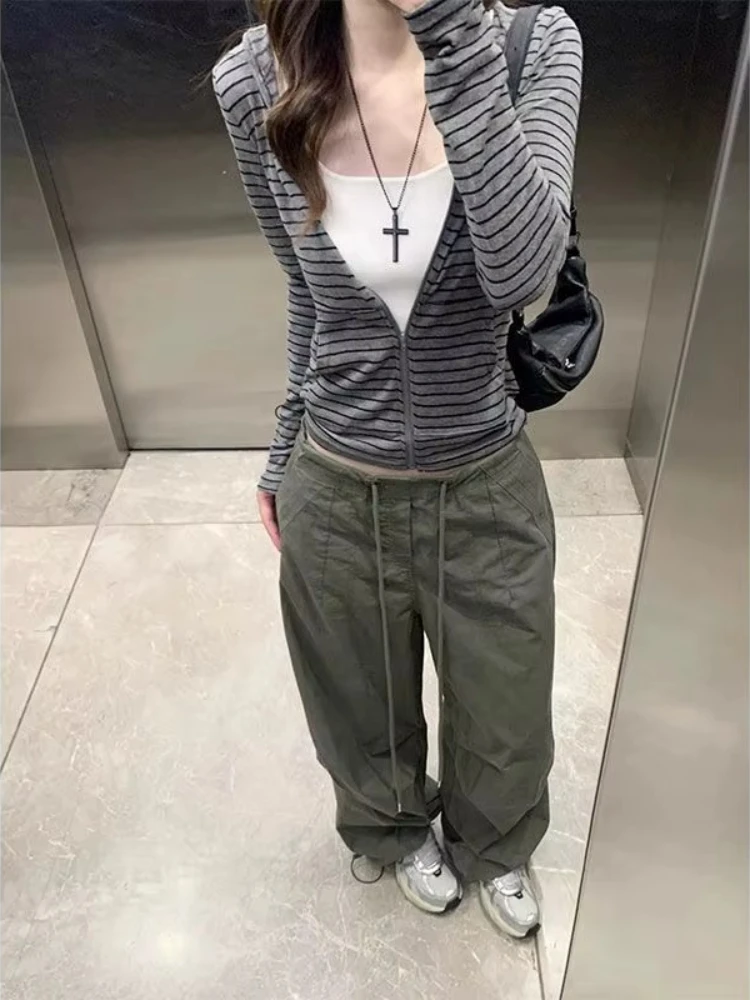 HOUZHOU Blue Striped Women Zipper Hoodies Long Sleeve Korean Fashion Pocket Hooded Sweatshirts Slim Lightweight Commute Autumn