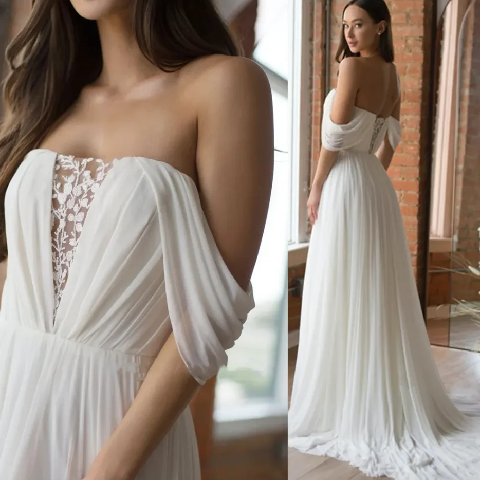 

White A-line Wedding Dresses Bateau Neck Lace Strapless Sleeveless Off Shoulder Chiffon Ruffles Appliques Backless Sequins Floor