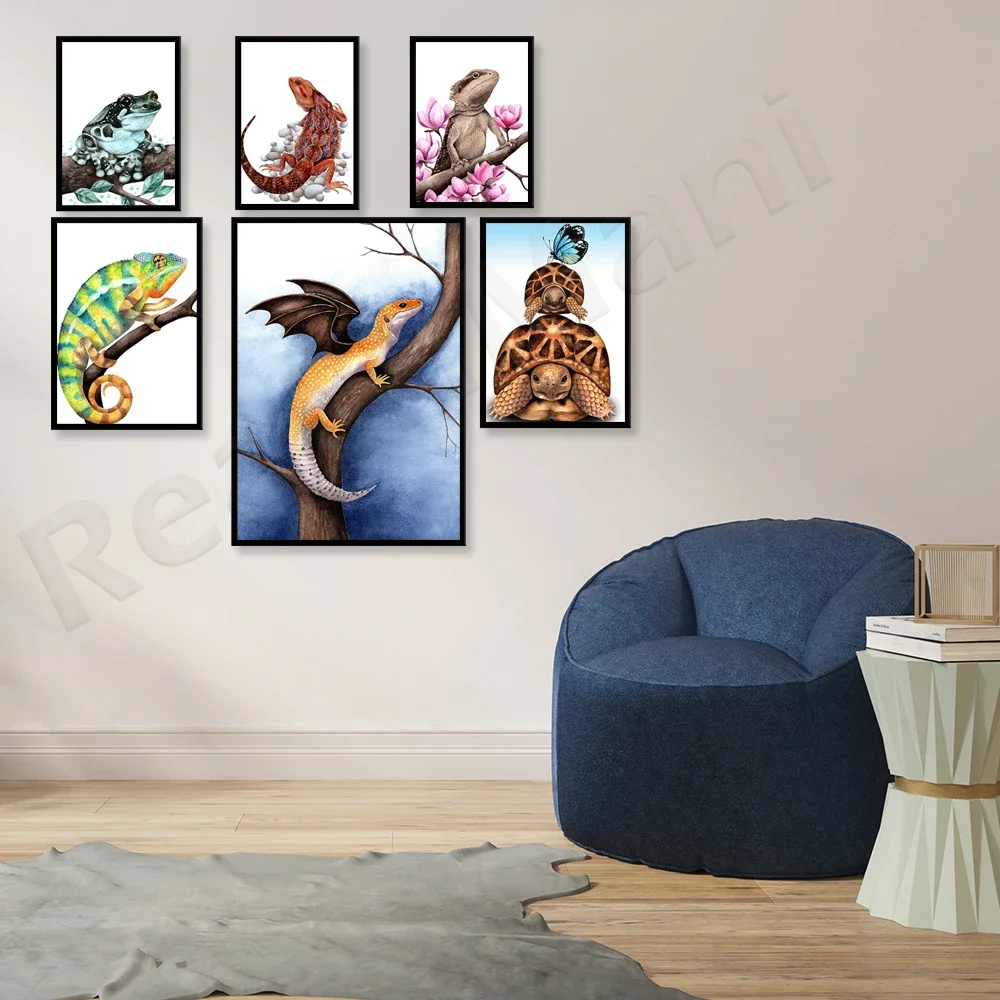 Yellow Lizard Print, Snake Reptile Posters, Lizard Wall Art, Reptile Painting, Iguana Wall Decor, Tortoise And Butterfly Canvas