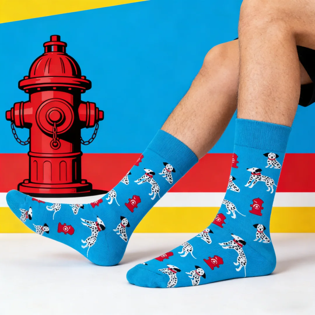

1 пара мужских носков с рисунком далматина и пожарного гидранта, забавные носки с цветными блоками и мультяшным рисунком для повседневной носки