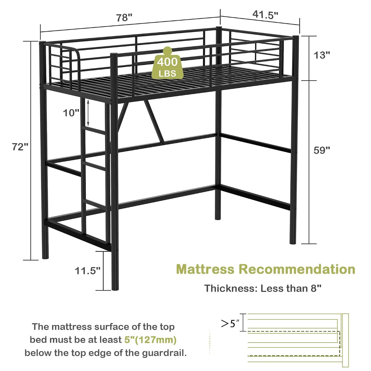 Twin Size Metal Loft Bed Heavy Duty Frame Removable Ladder Safety Guardrail Space Saving Noise Free No Box Spring Needed Matte B