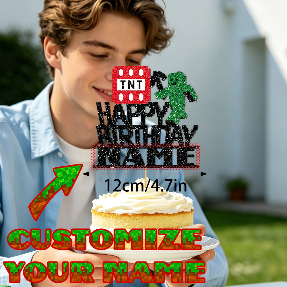 1/3/6 Pcs Of Glitter Minecraft Game Cake Decoration - Personalized Name Design - Suitable For Birthday Parties, Fan Gatherings view 4