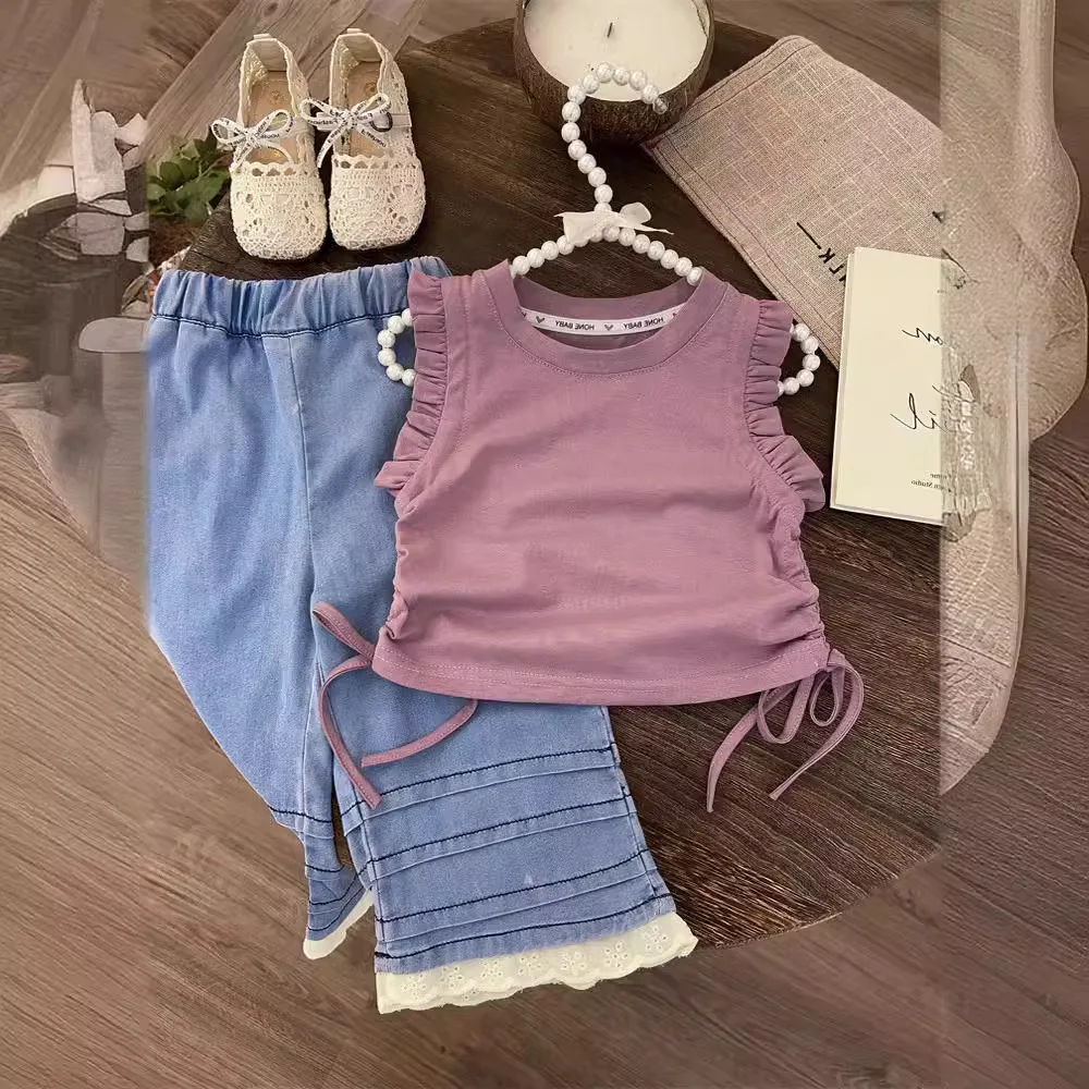 

Girls Summer Suit 2024 New Children Stylish Vest Baby Summer Thin Wide-leg Pants Two-piece Set Clothes Korean Simple Style